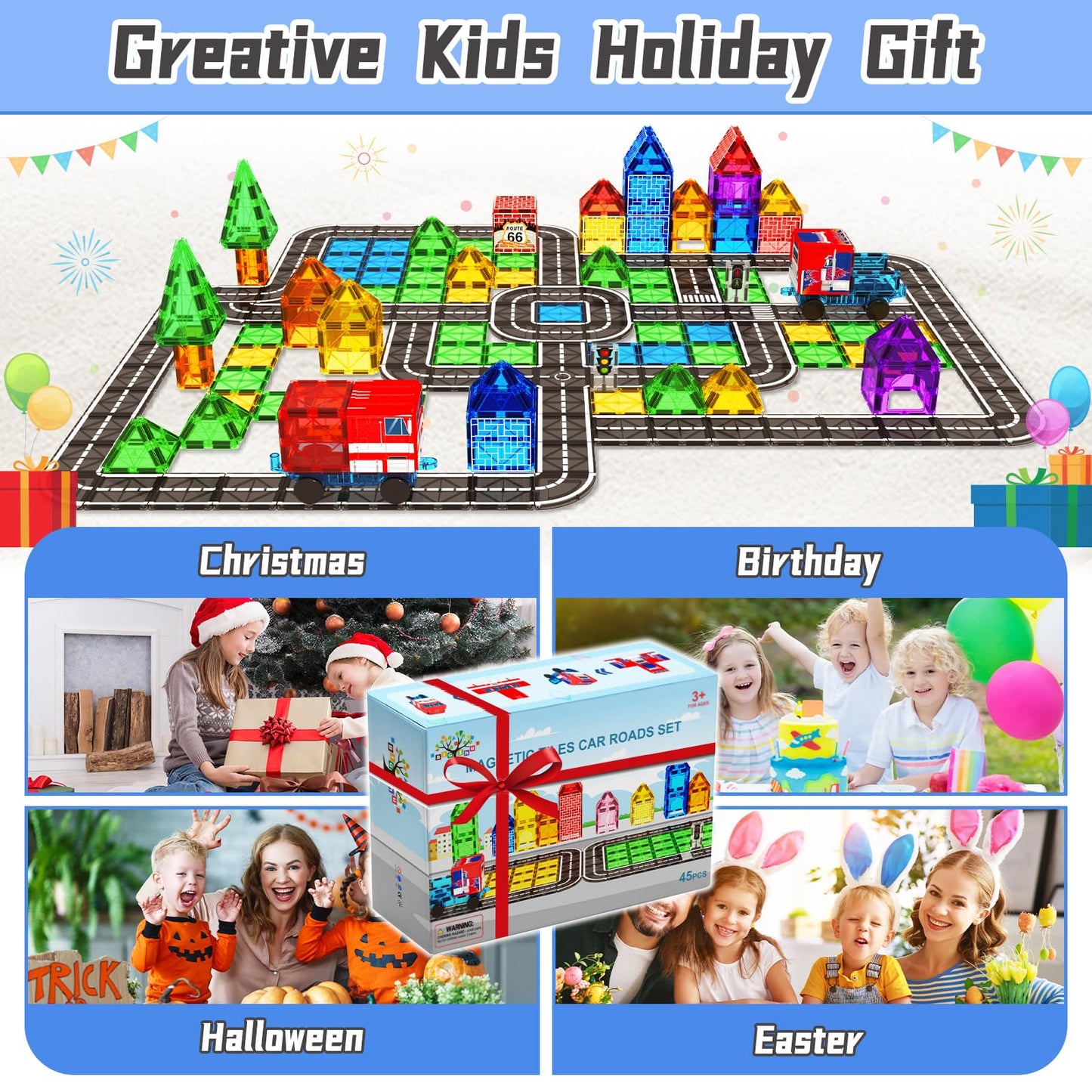 BigShu Magnetic Tiles Road Car Set – STEM Building Blocks for 3–7 Year Olds