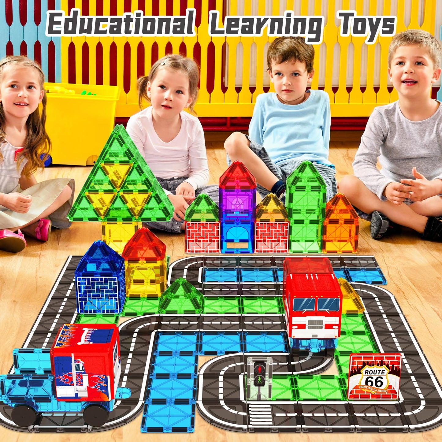 BigShu Magnetic Tiles Road Car Set – STEM Building Blocks for 3–7 Year Olds