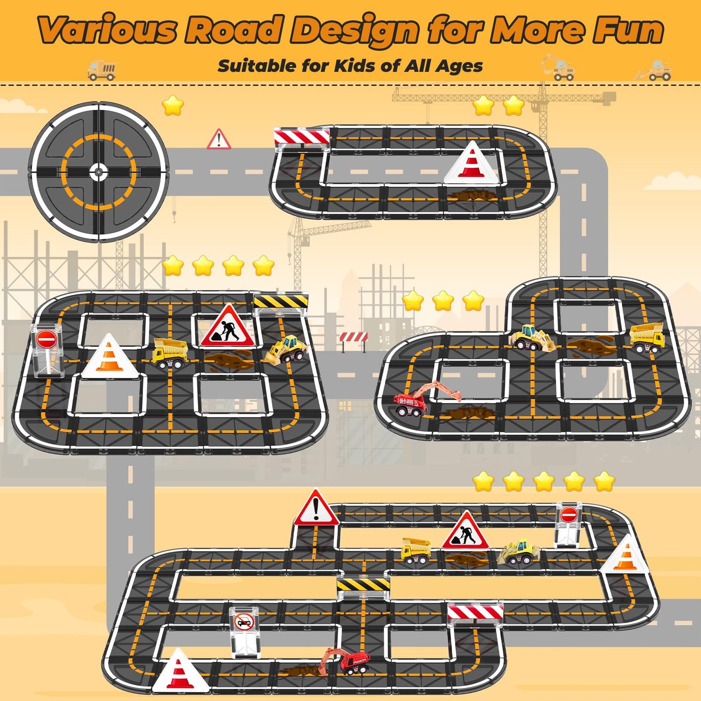 BigShu Magnetic Tiles Road Printing Innovation Set – 30 Road Tiles & 3 Vehicles | STEM Building Toys for 3-5 Year Olds