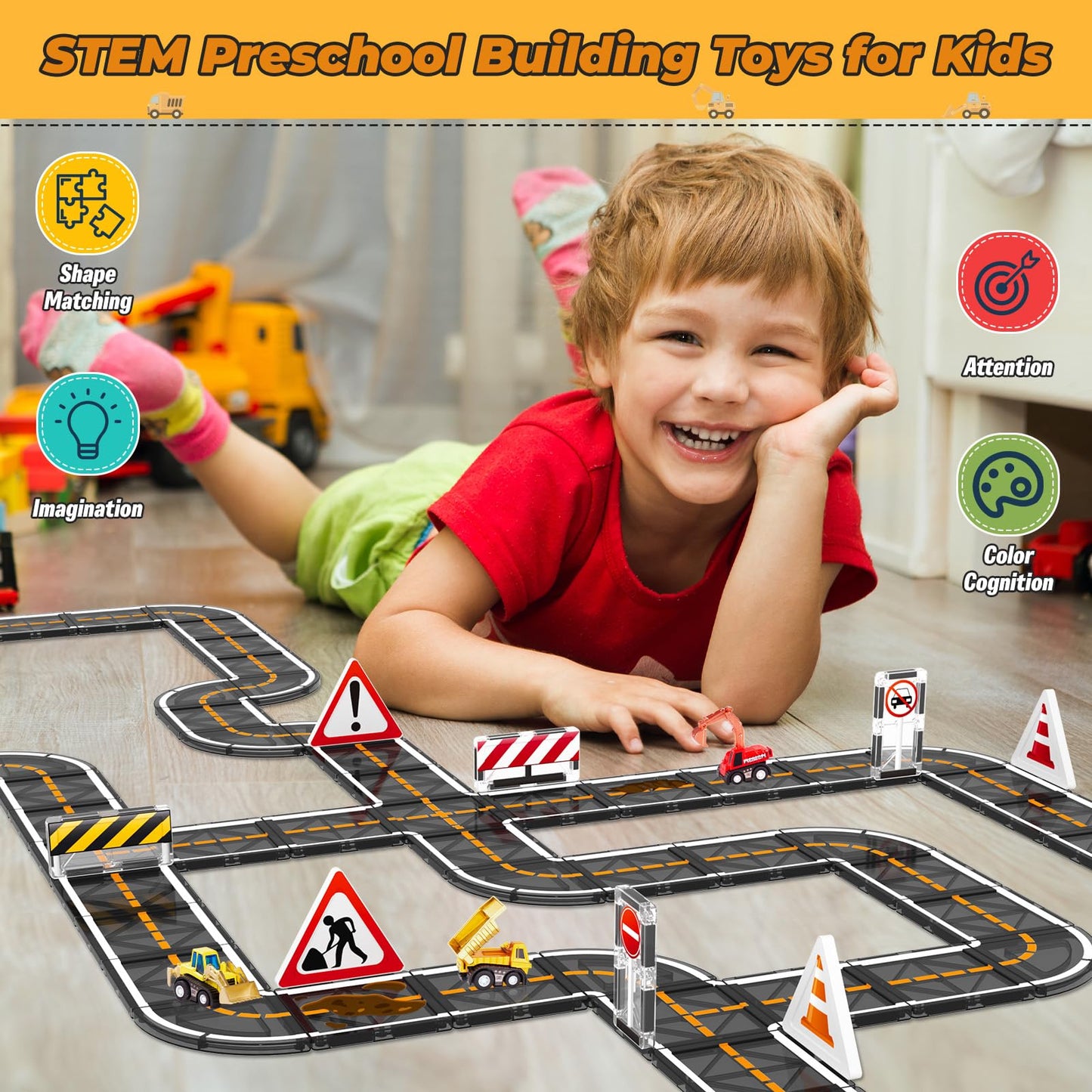 BigShu Magnetic Tiles Road Printing Innovation Set – 30 Road Tiles & 3 Vehicles | STEM Building Toys for 3-5 Year Olds