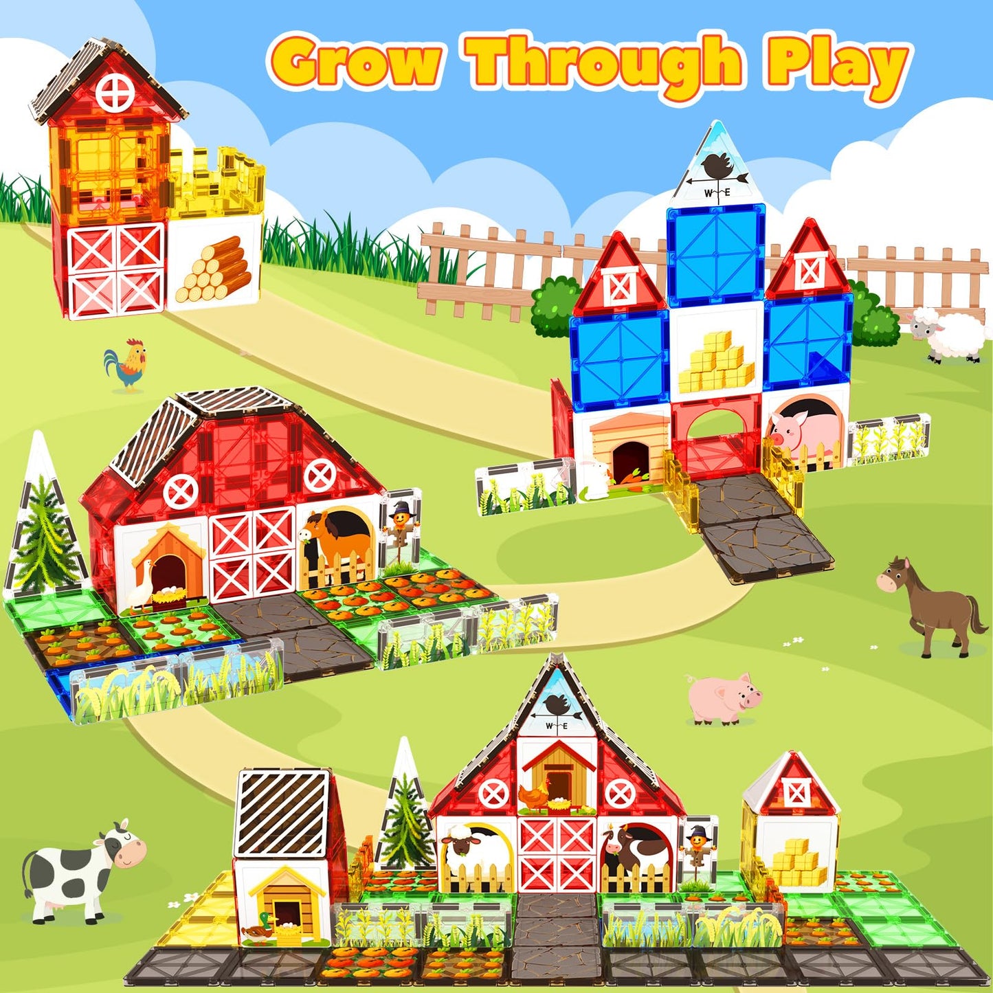 BigShu Magnetic Tiles Farm Animal Toys Set – Montessori STEM Blocks for 3+ Kids