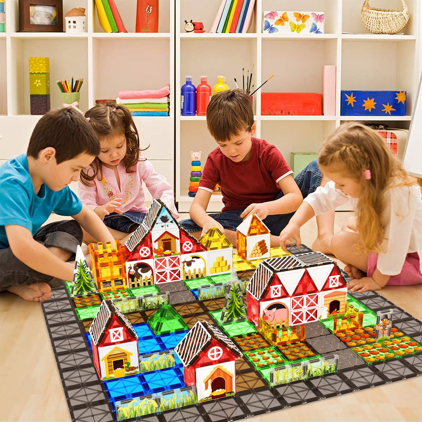 BigShu Magnetic Tiles Farm Animal Toys Set – Montessori STEM Blocks for 3+ Kids