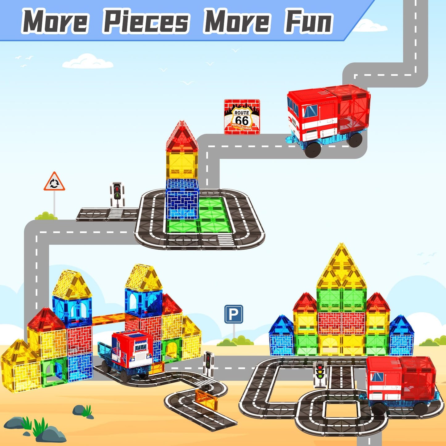 BigShu Magnetic Tiles Road Car Set – STEM Building Blocks for 3–7 Year Olds
