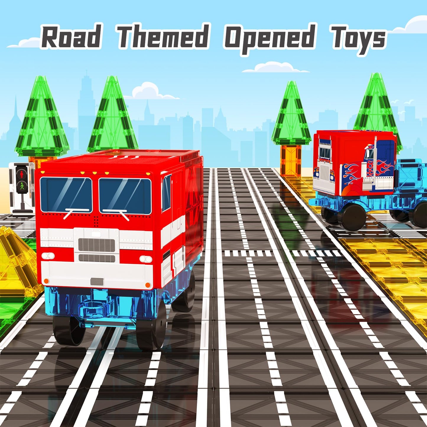BigShu Magnetic Tiles Road Car Set – STEM Building Blocks for 3–7 Year Olds