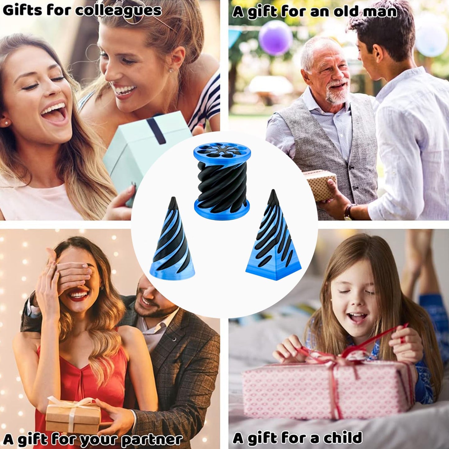 Bigted 3 Pack Spiral Cone Fidget Toy — Pyramid Passthrough (Blue)