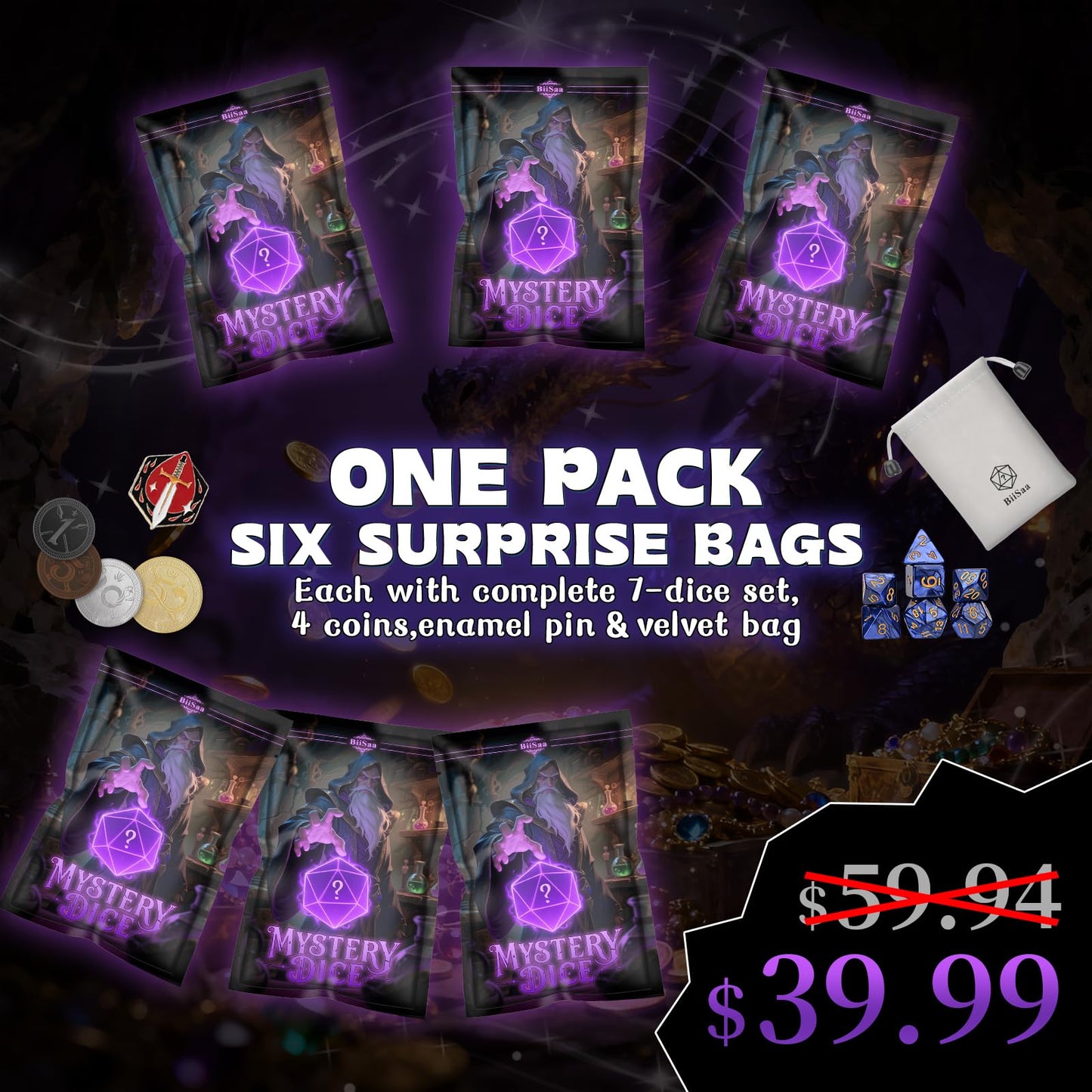 DND Mystery Dice Bundle – 6 Blind Bags with 7 Dice, Coins & Pin | BiiSaa