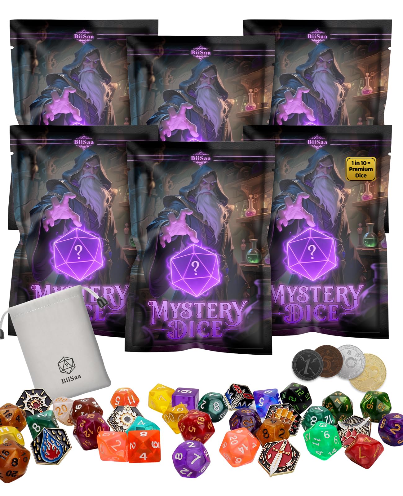 DND Mystery Dice Bundle – 6 Blind Bags with 7 Dice, Coins & Pin | BiiSaa