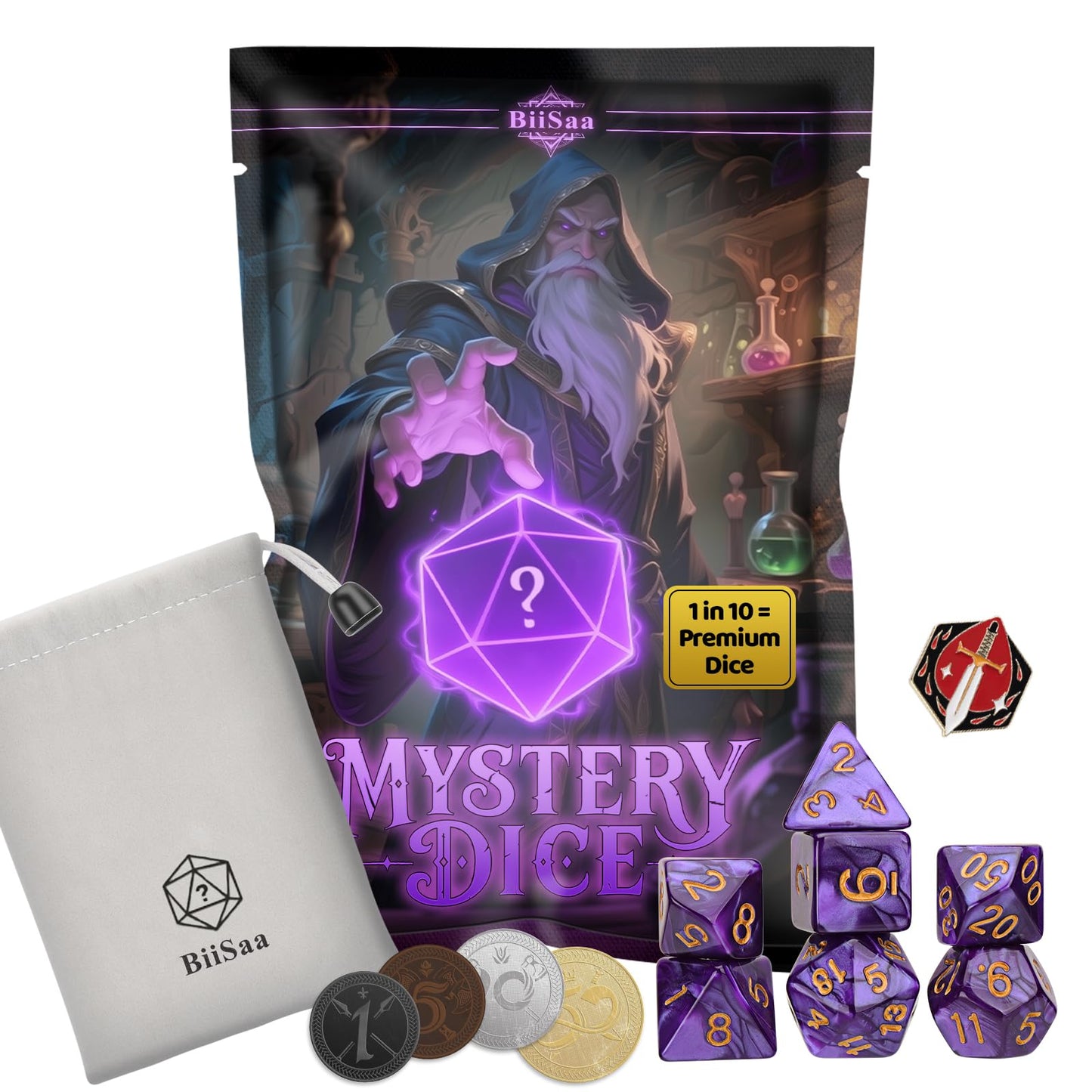 BiiSaa DND Mystery Dice Set – 7 Polyhedral Dice + Coins, Pin & Velvet Bag