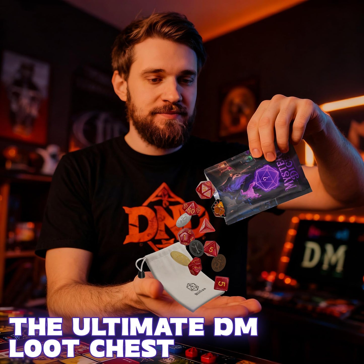 DND Mystery Dice Bundle – 6 Blind Bags with 7 Dice, Coins & Pin | BiiSaa