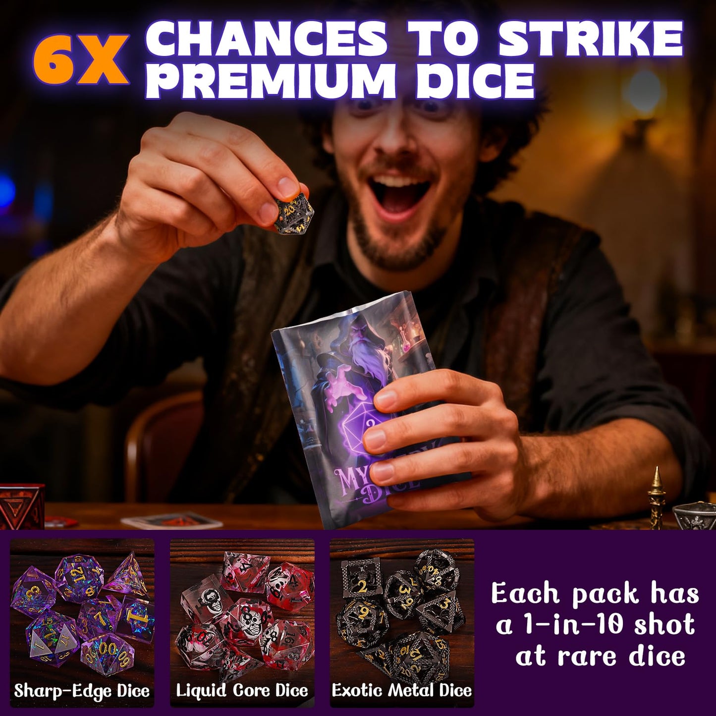 DND Mystery Dice Bundle – 6 Blind Bags with 7 Dice, Coins & Pin | BiiSaa
