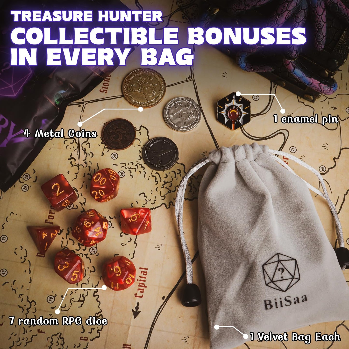 DND Mystery Dice Bundle – 6 Blind Bags with 7 Dice, Coins & Pin | BiiSaa