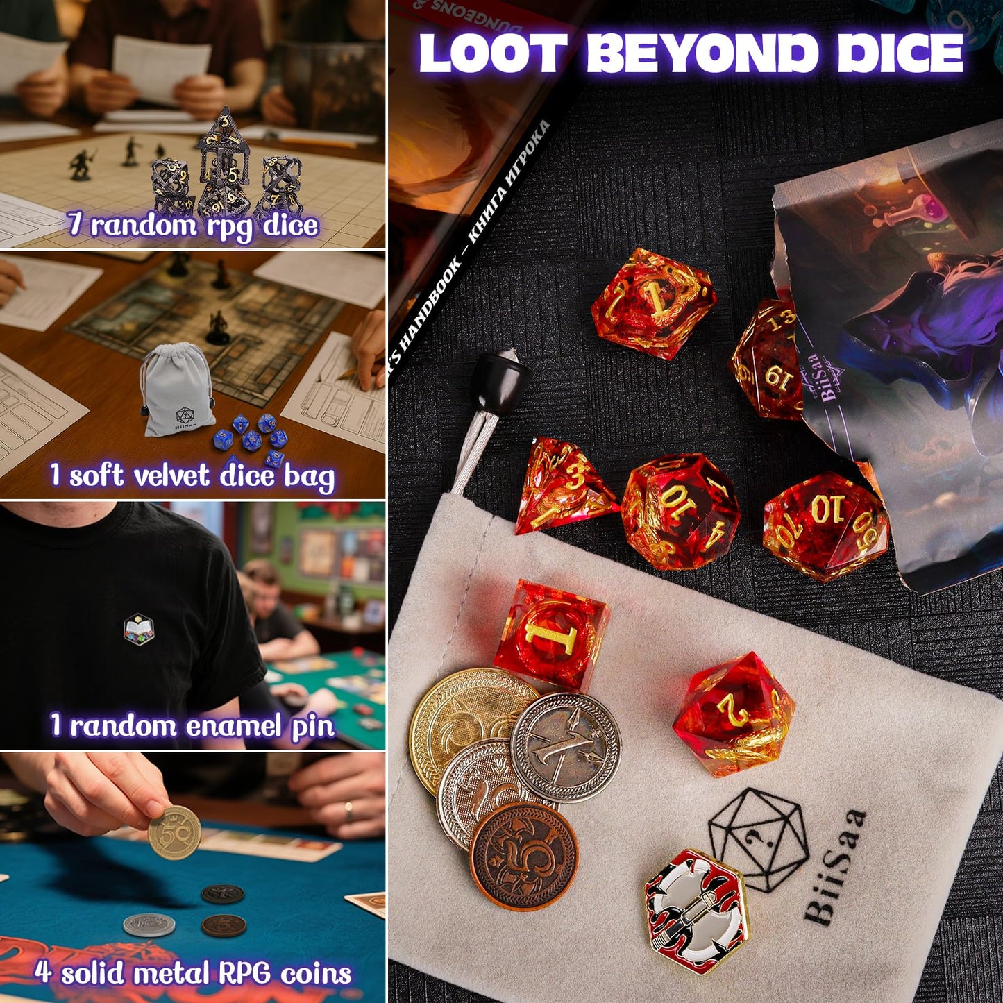 BiiSaa DND Mystery Dice Set – 7 Polyhedral Dice + Coins, Pin & Velvet Bag