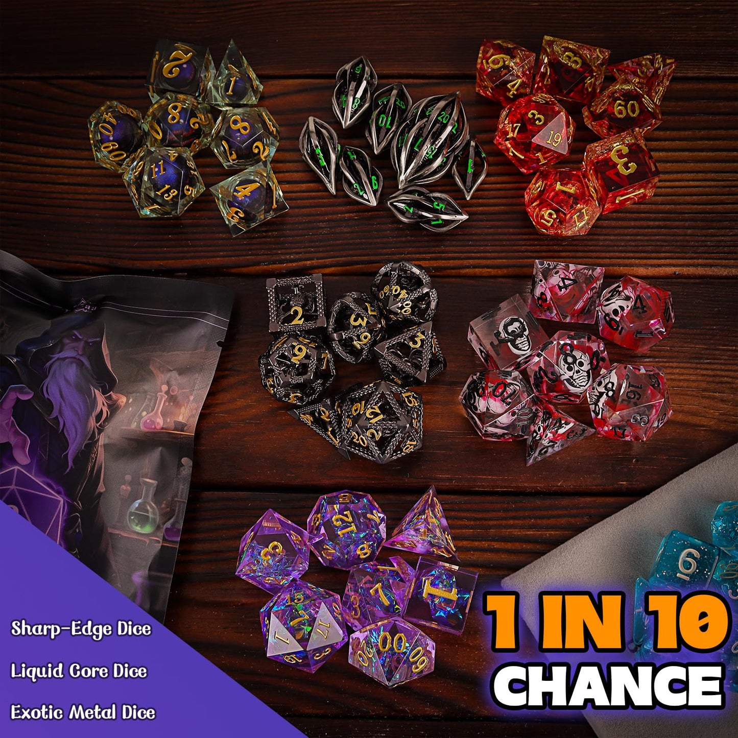 BiiSaa DND Mystery Dice Set – 7 Polyhedral Dice + Coins, Pin & Velvet Bag