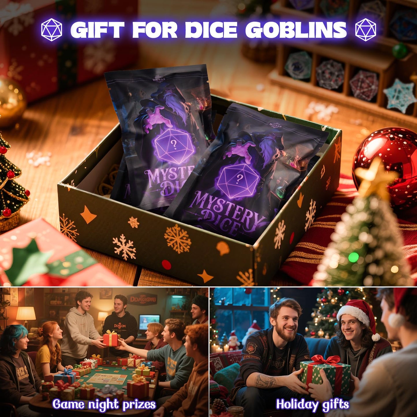 BiiSaa DND Mystery Dice Set – 7 Polyhedral Dice + Coins, Pin & Velvet Bag