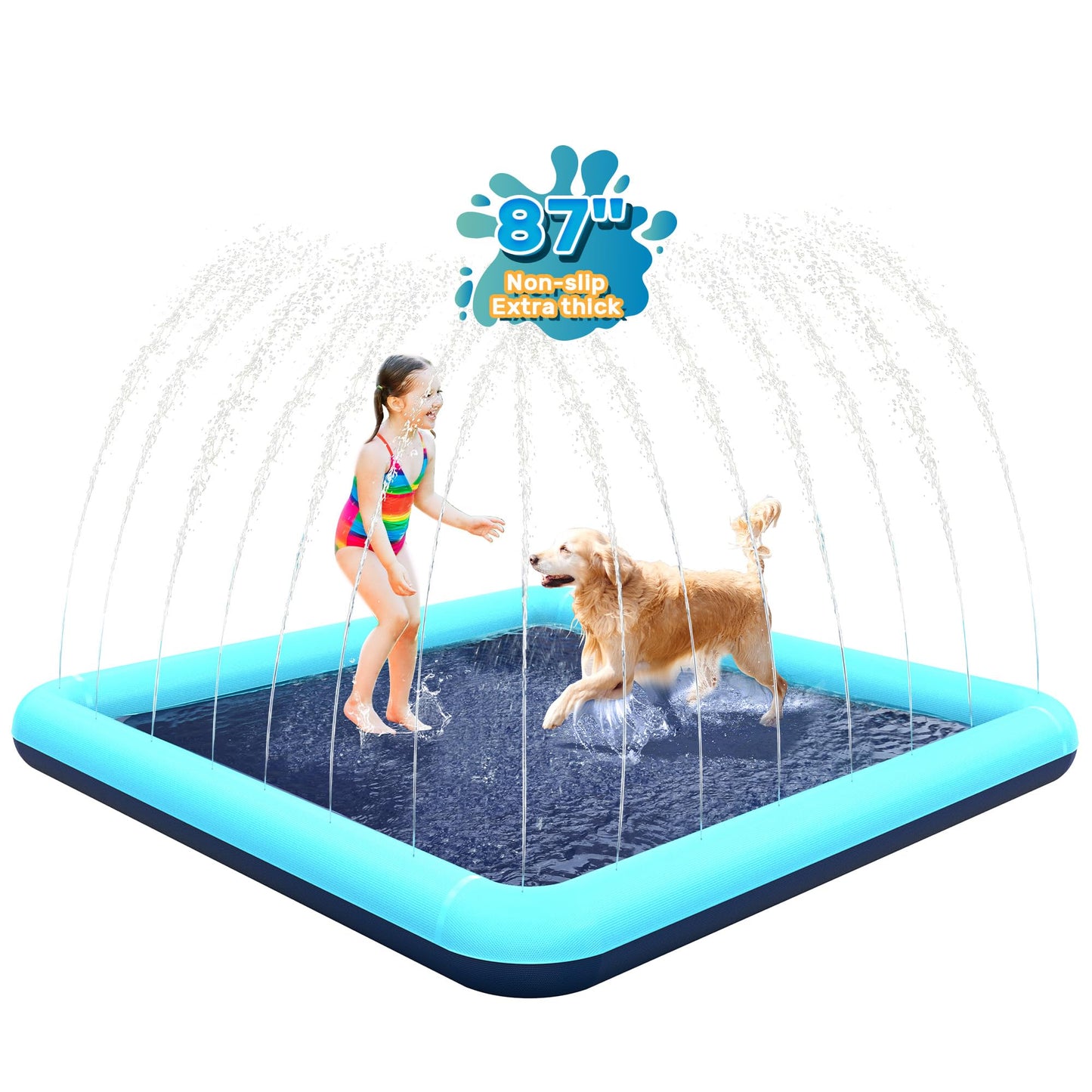 Bilibara 87'' Splash Pad for Dogs & Kids – Non-Slip, Adjustable Water, Foldable Square Backyard Teal