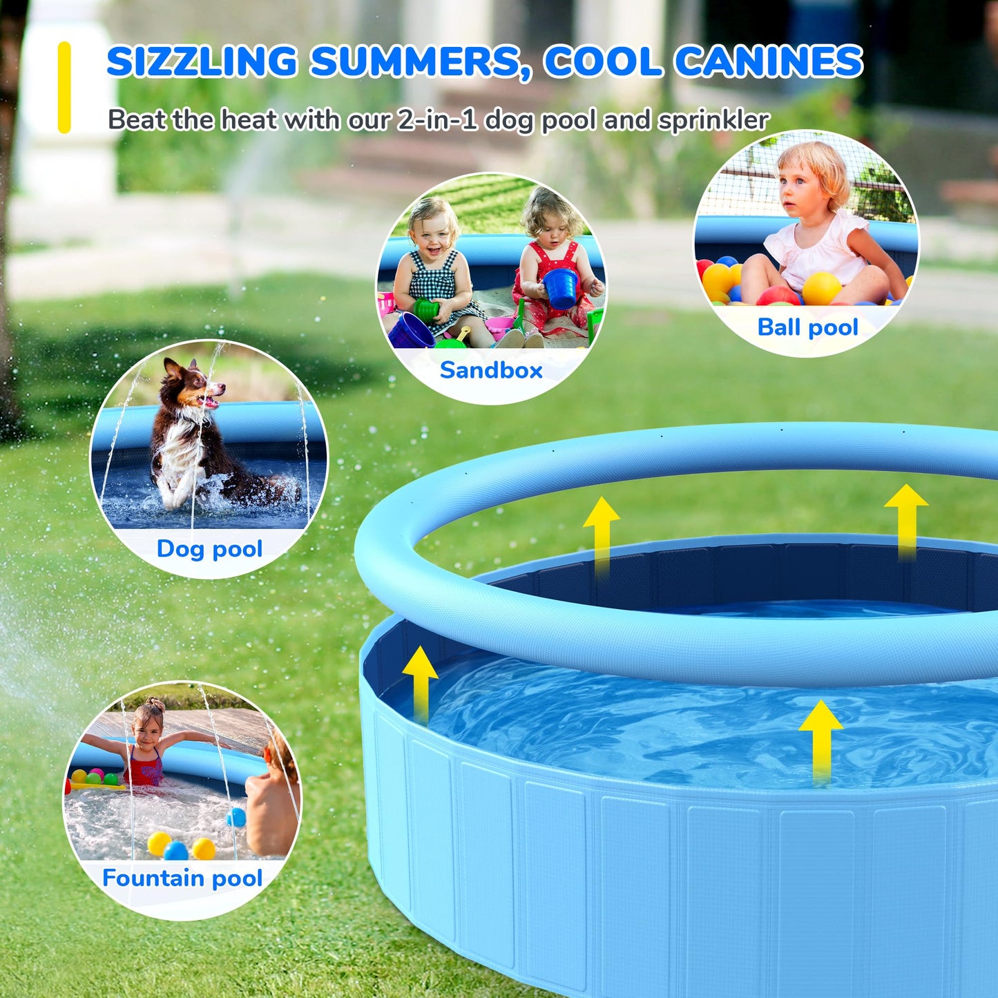 Bilibara 87-inch Foldable Dog Pool & Sprinkler — Non-Slip, Durable Backyard Splash Pad