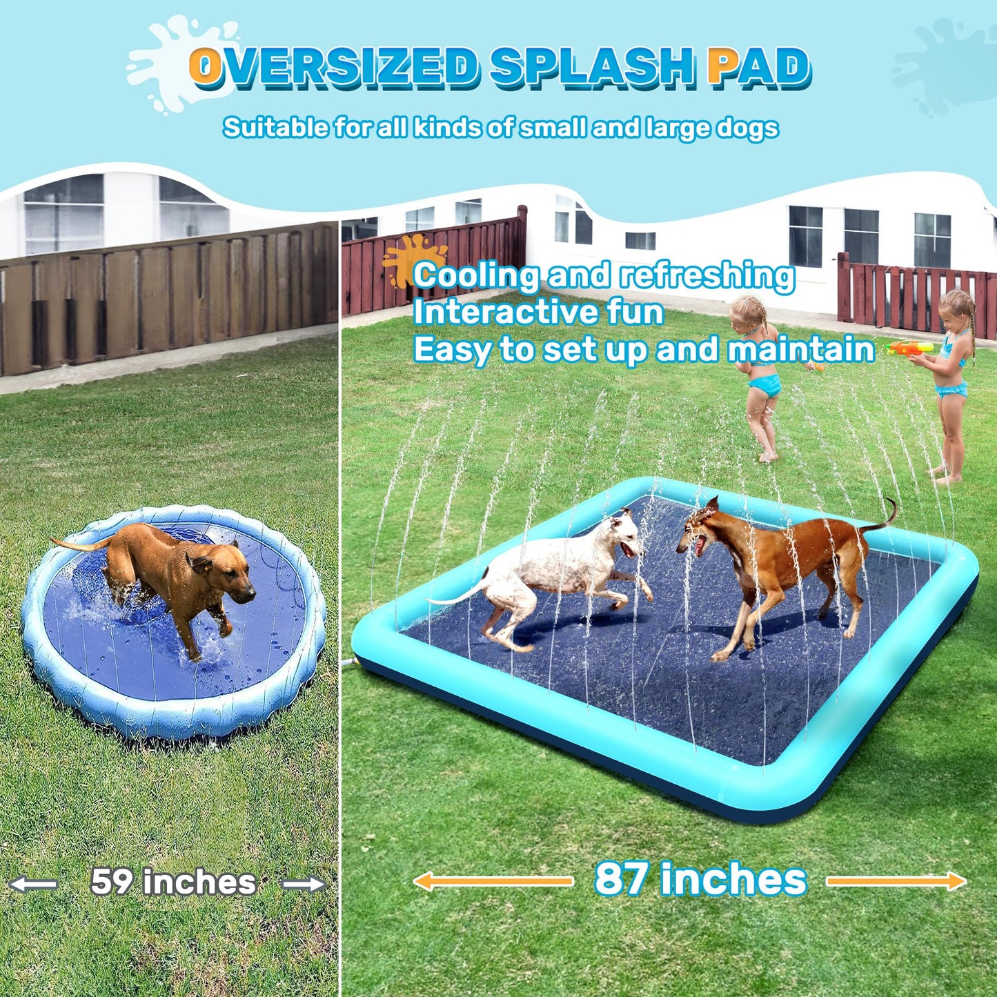 Bilibara 87'' Splash Pad for Dogs & Kids – Non-Slip, Adjustable Water, Foldable Square Backyard Teal