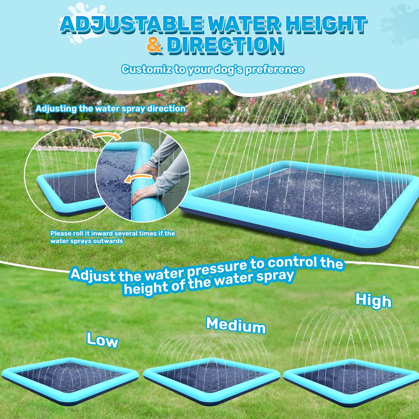 Bilibara 87'' Splash Pad for Dogs & Kids – Non-Slip, Adjustable Water, Foldable Square Backyard Teal