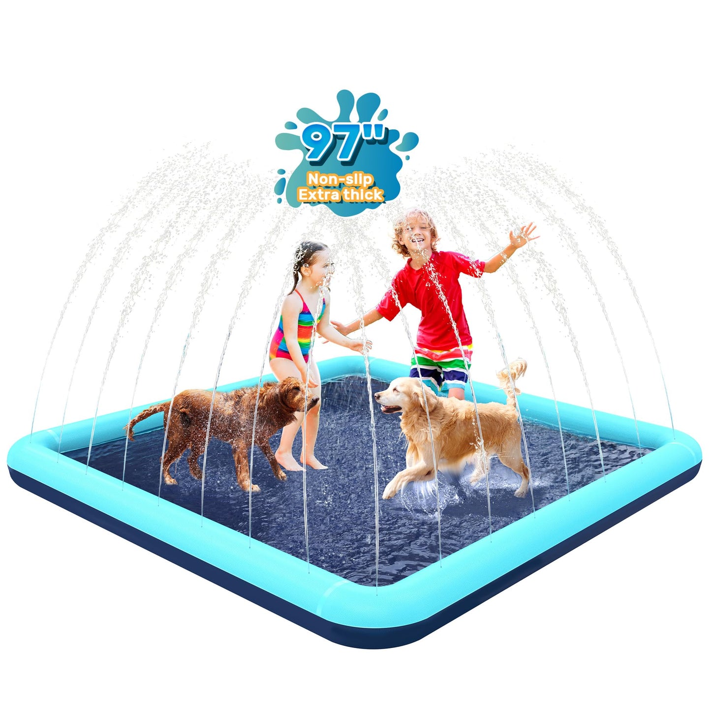 Bilibara 97-Inch Splash Pad for Dogs - Non-Slip Square Backyard Water Toy (Teal)