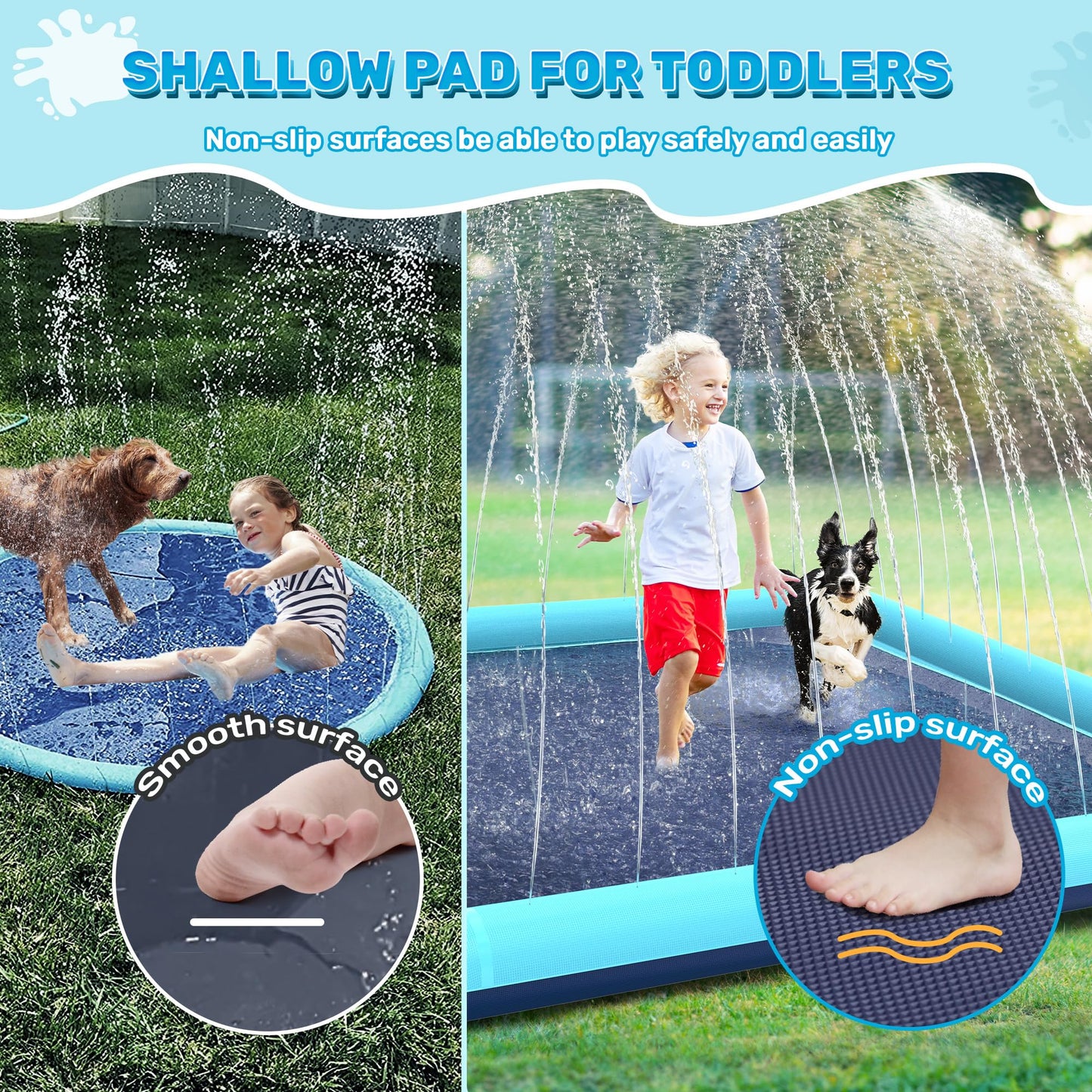 Bilibara 87'' Splash Pad for Dogs & Kids – Non-Slip, Adjustable Water, Foldable Square Backyard Teal