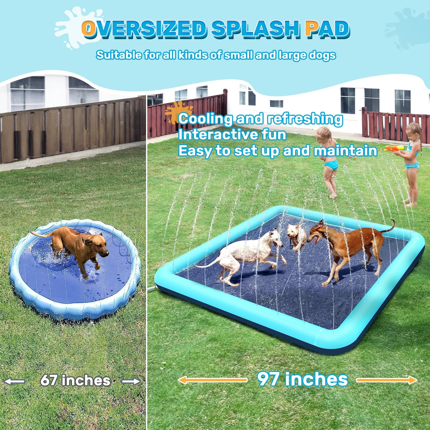 Bilibara 97-Inch Splash Pad for Dogs - Non-Slip Square Backyard Water Toy (Teal)
