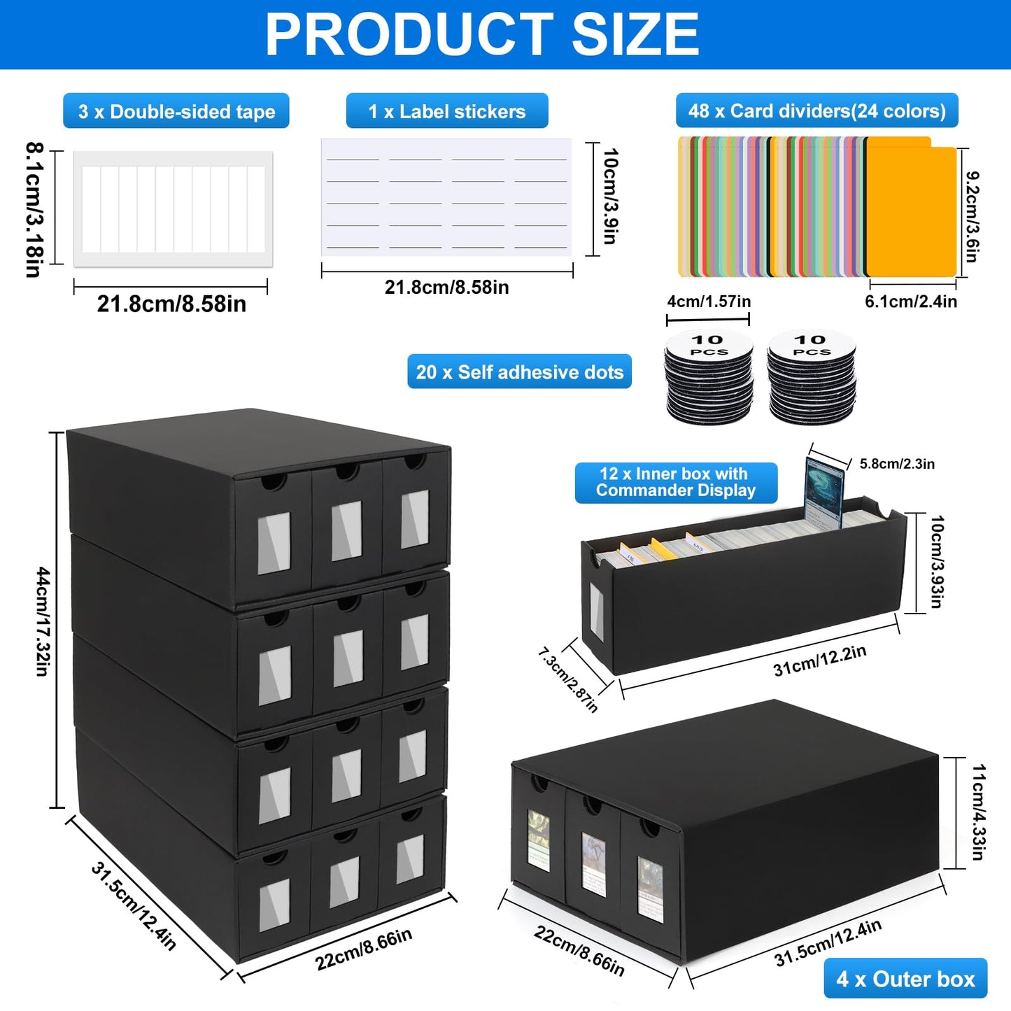 BILIPLE 12000+ Trading Card Storage Box – 12 Boxes, 48 Dividers, Labels & Tapes