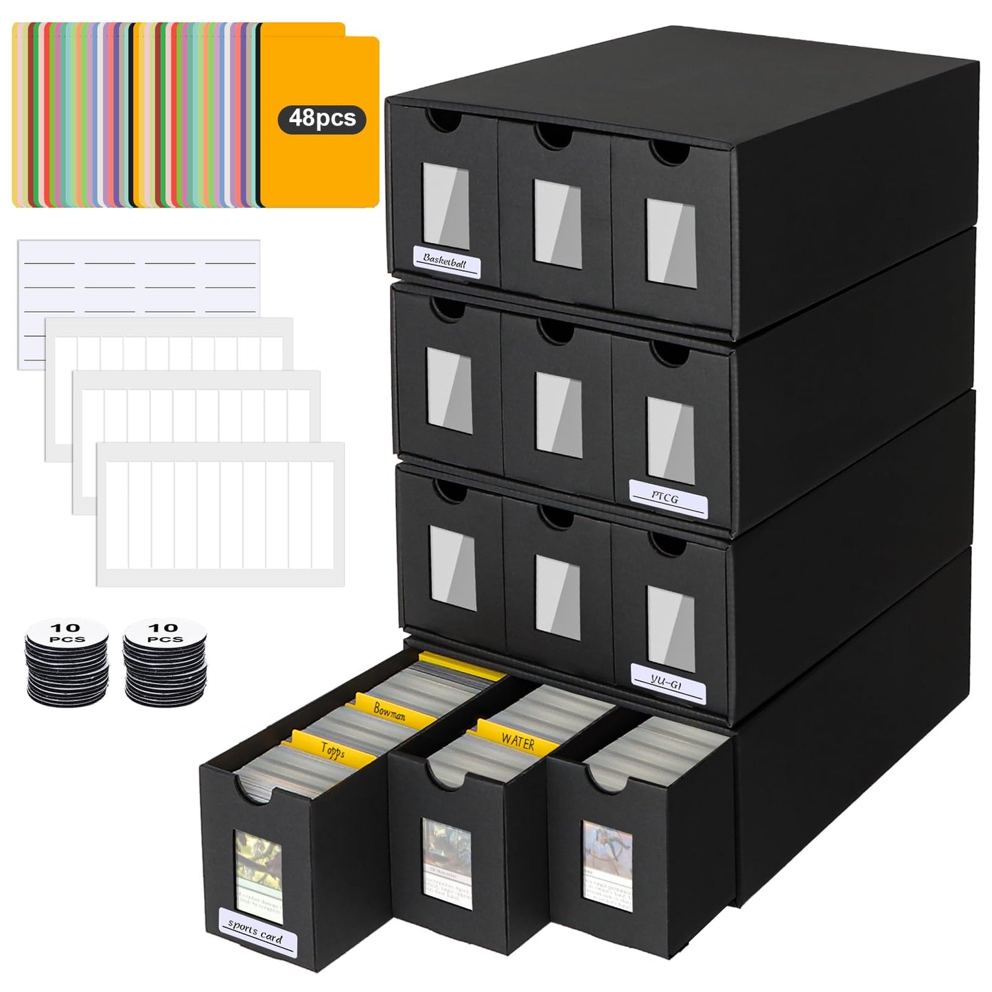 BILIPLE 12000+ Trading Card Storage Box – 12 Boxes, 48 Dividers, Labels & Tapes