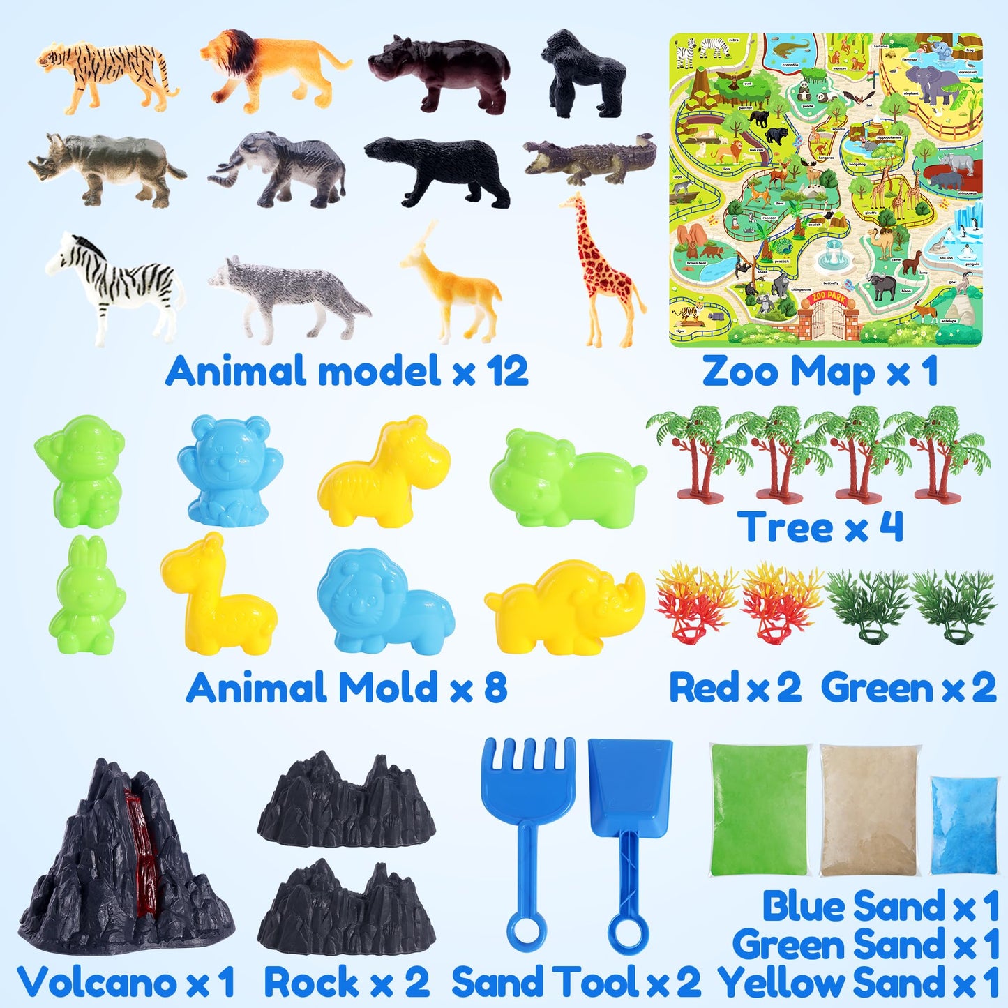 Billeeit Animal Sensory Bin – 35pc Zoo Map Kit, 2.2lb Moldable Sand