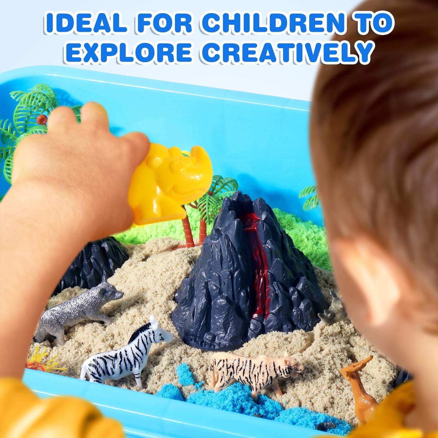 Billeeit Animal Sensory Bin – 35pc Zoo Map Kit, 2.2lb Moldable Sand