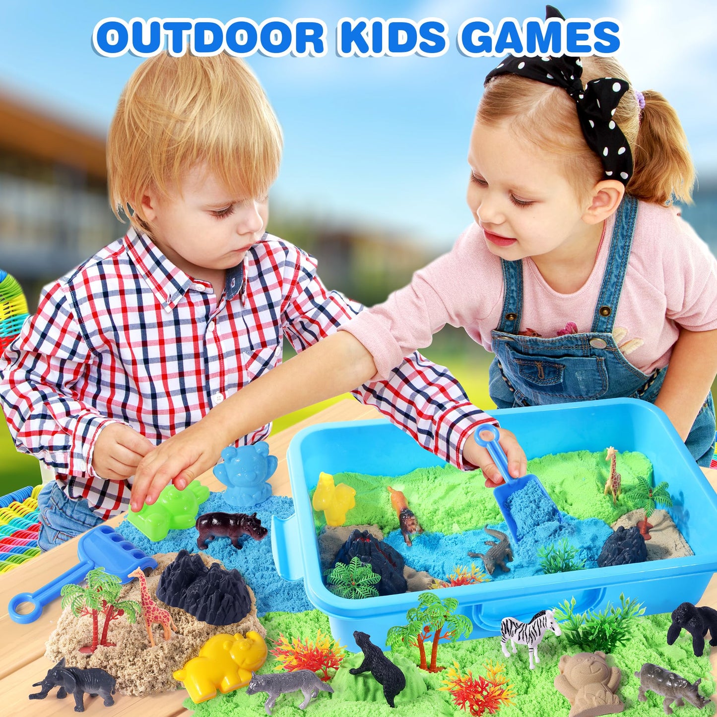 Billeeit Animal Sensory Bin – 35pc Zoo Map Kit, 2.2lb Moldable Sand
