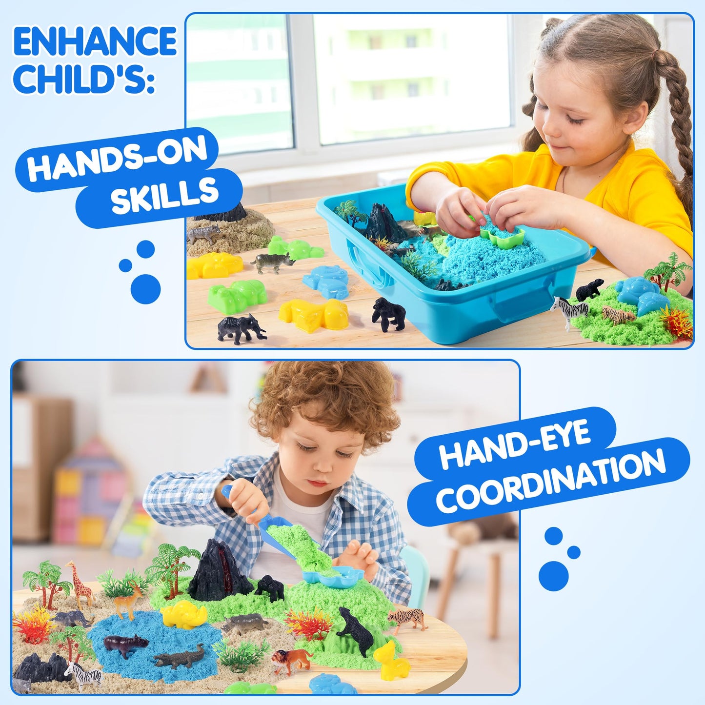 Billeeit Animal Sensory Bin – 35pc Zoo Map Kit, 2.2lb Moldable Sand