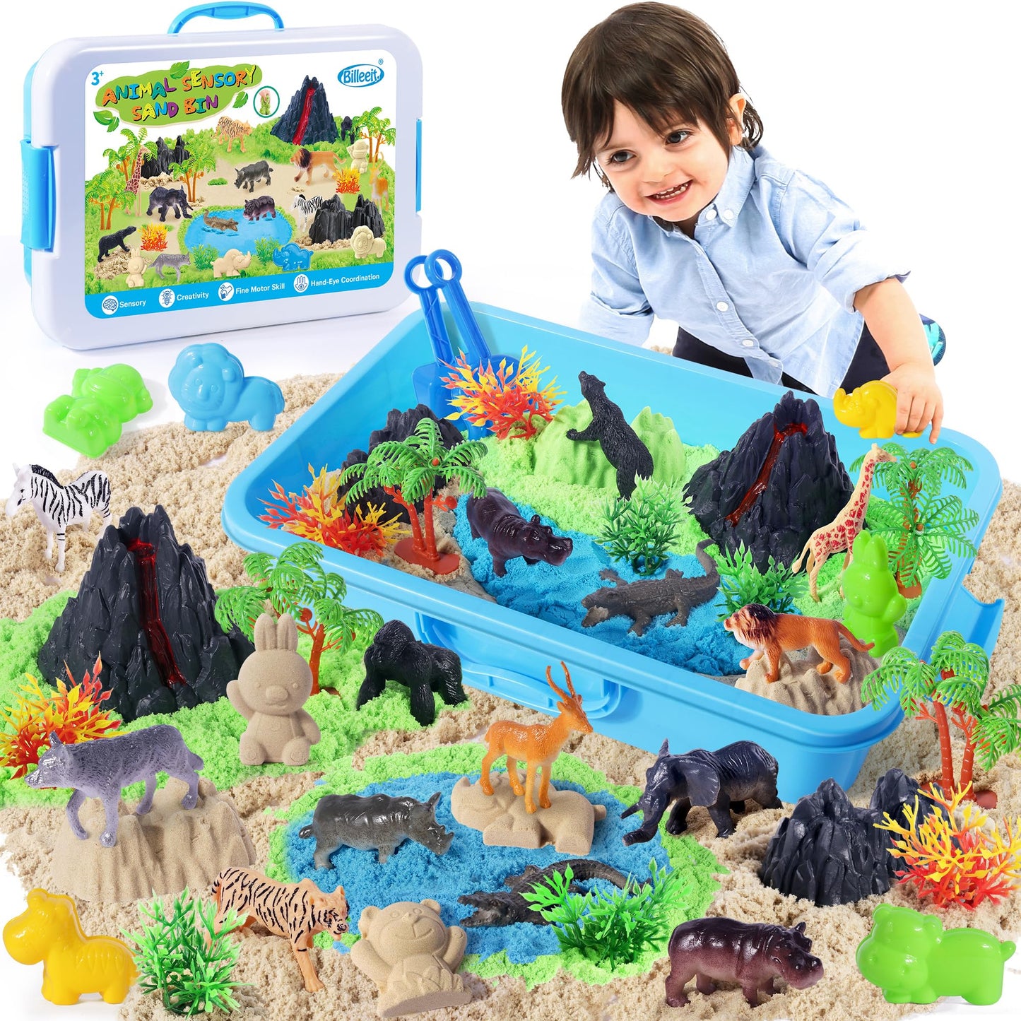Billeeit Animal Sensory Bin – 35pc Zoo Map Kit, 2.2lb Moldable Sand