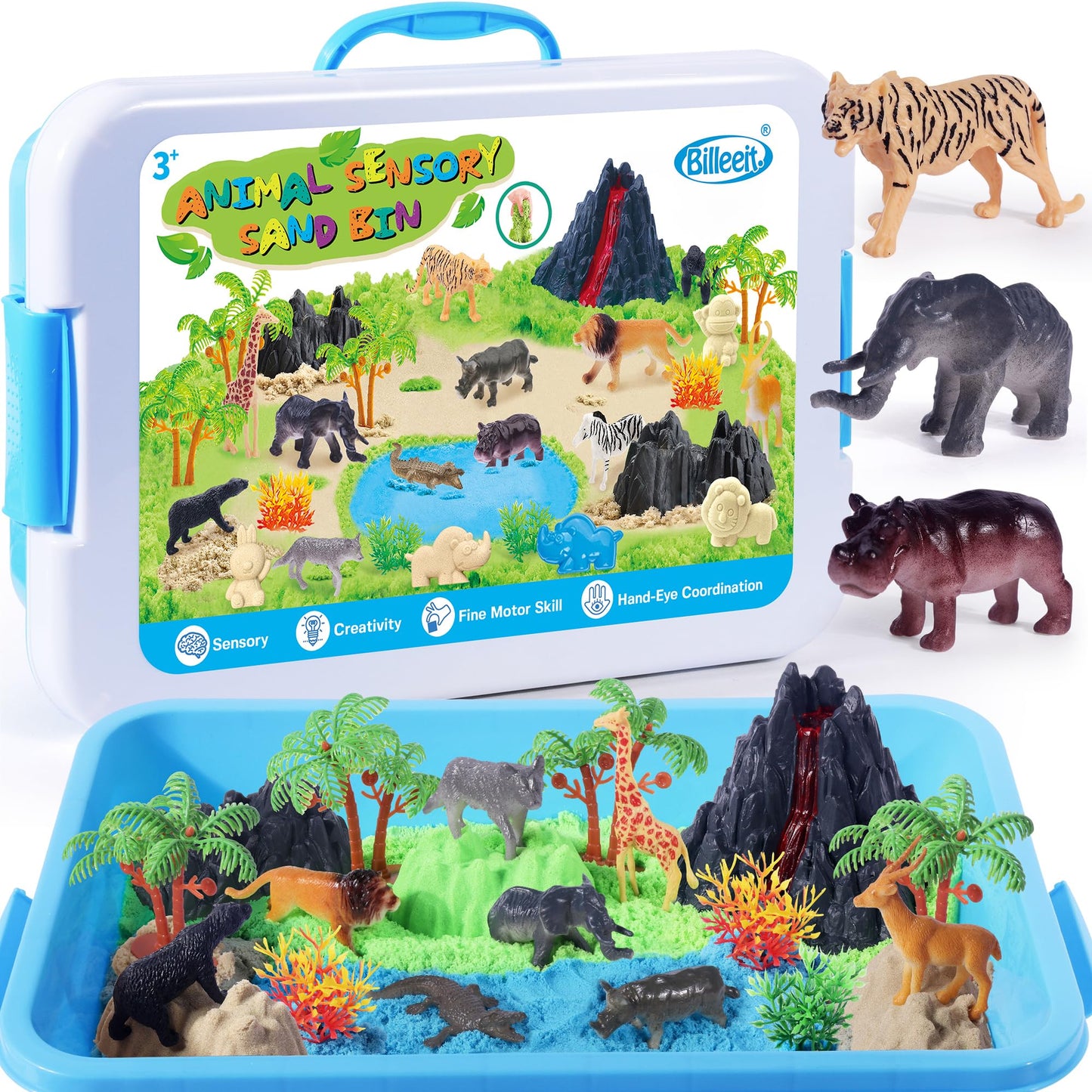 Billeeit Animal Sensory Bin – 35pc Zoo Map Kit, 2.2lb Moldable Sand