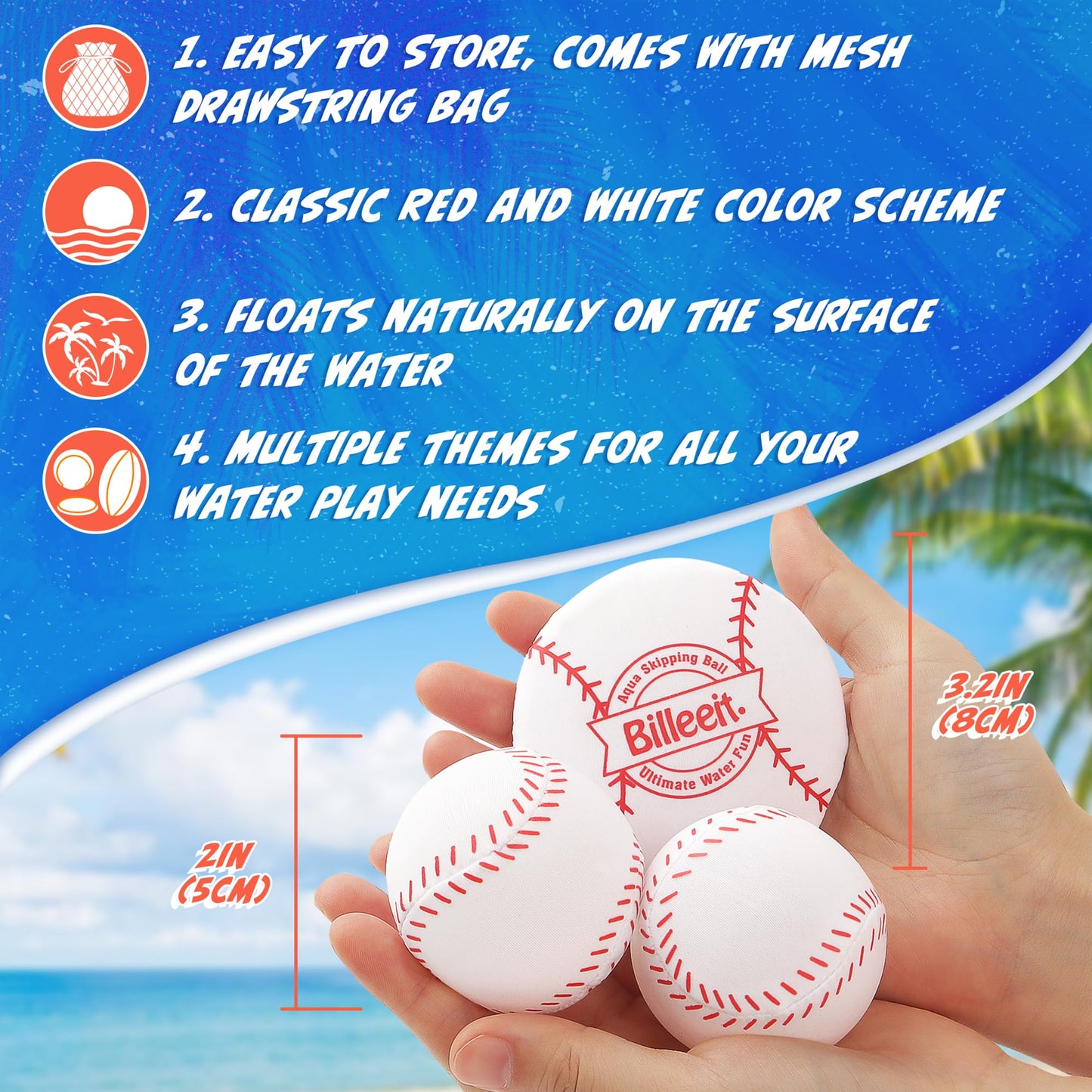 Billeeit Water Skipping Balls – 4 Pcs Baseball Theme Pool Toys for Kids and Adults