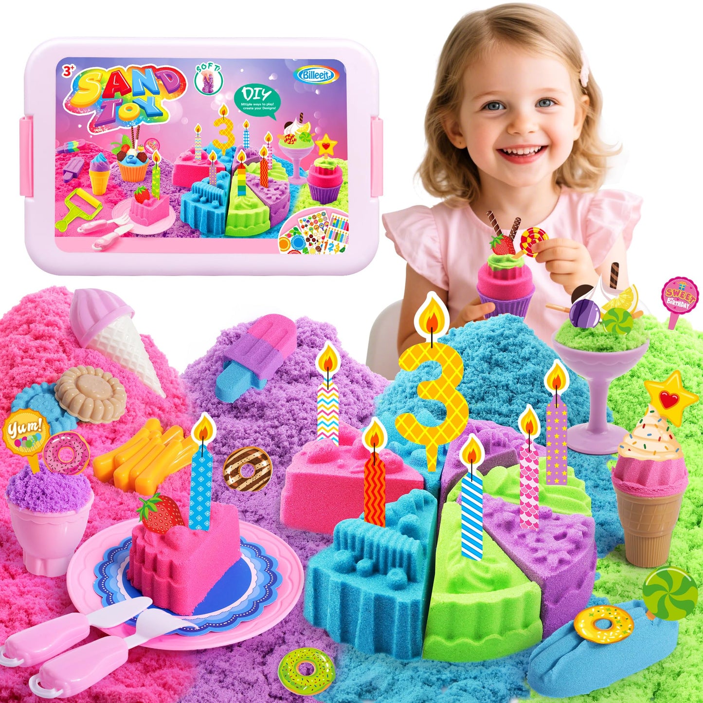 Billeeit Cake & Ice Cream Sensory Bin – 43pc Sand Toy Set, 2.2lb Moldable Sand, Lidded Sandbox