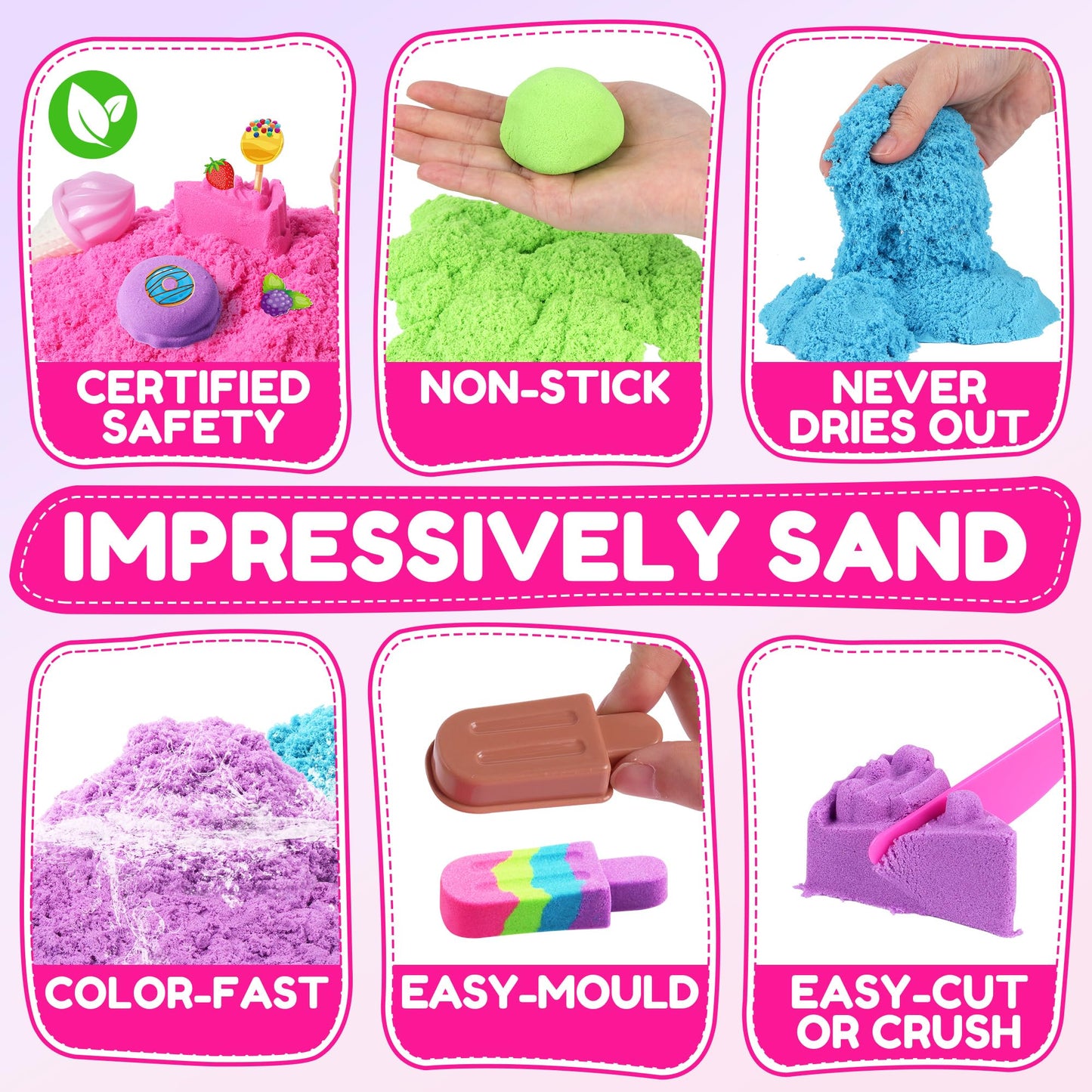 Billeeit Cake & Ice Cream Sensory Bin – 43pc Sand Toy Set, 2.2lb Moldable Sand, Lidded Sandbox