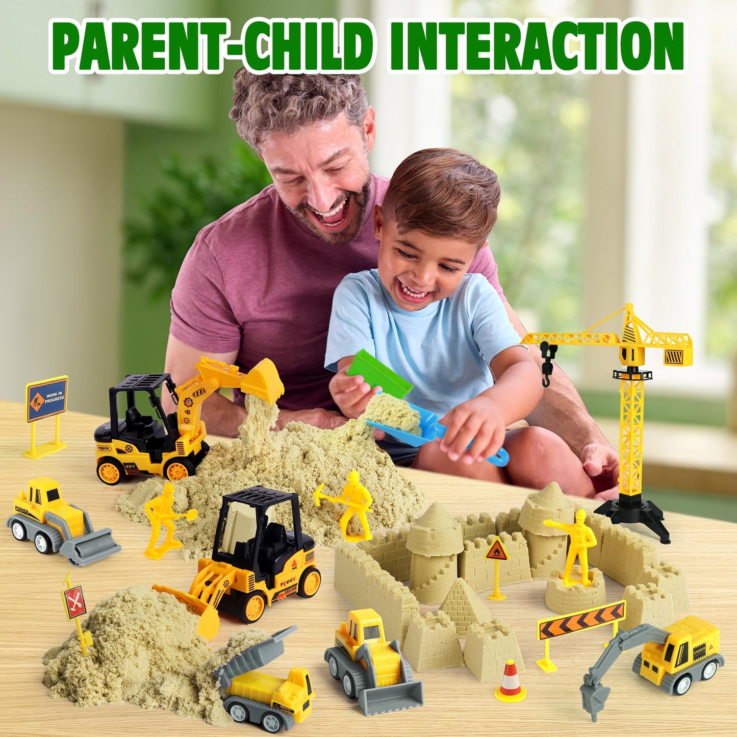 Billeeit Sand Construction Kit – Foldable Sandbox & 2.2lb Moldable Sand, 36-Pc Truck Play Set