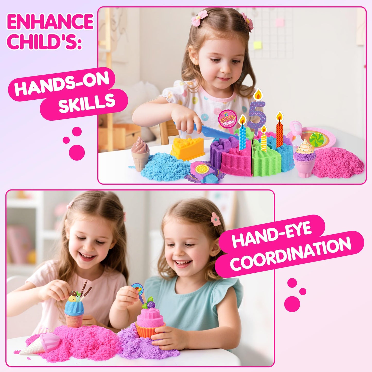 Billeeit Cake & Ice Cream Sensory Bin – 43pc Sand Toy Set, 2.2lb Moldable Sand, Lidded Sandbox