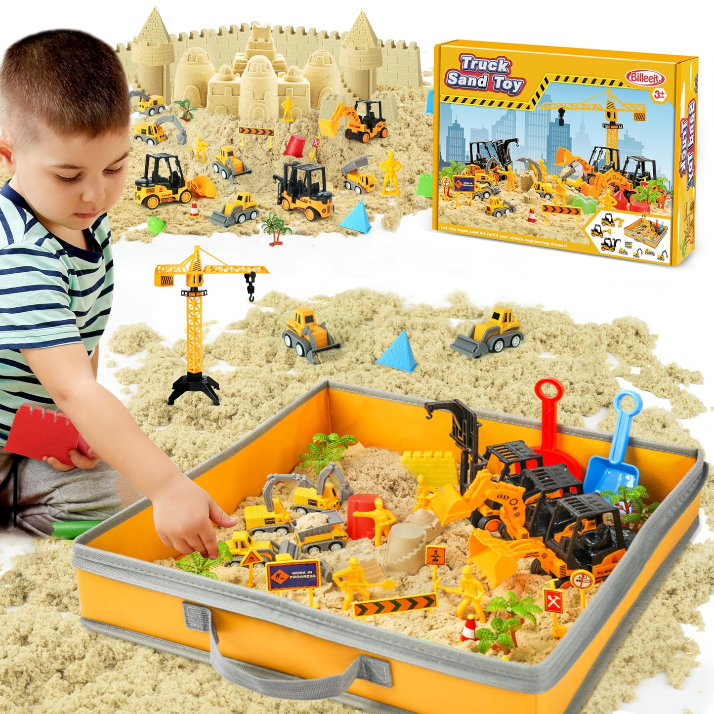 Billeeit Sand Construction Kit – Foldable Sandbox & 2.2lb Moldable Sand, 36-Pc Truck Play Set