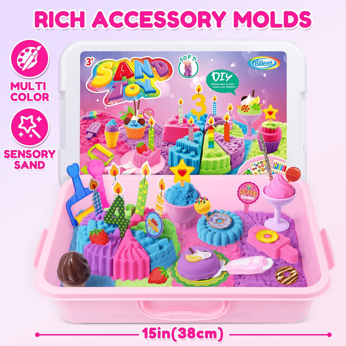 Billeeit Cake & Ice Cream Sensory Bin – 43pc Sand Toy Set, 2.2lb Moldable Sand, Lidded Sandbox