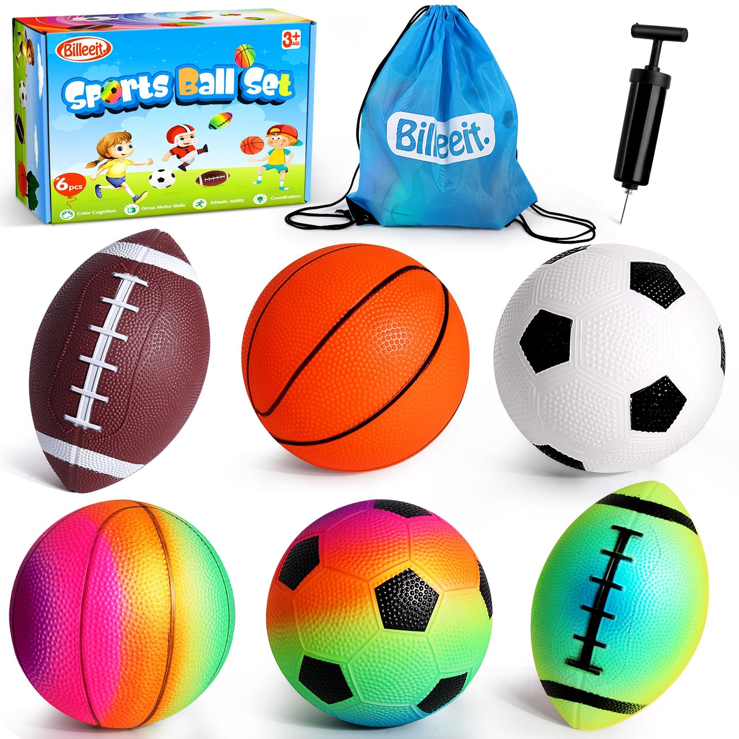 Billeeit Small Sports Balls for Toddlers – 6-Pack 5-Inch Football, Basketball & Soccer with Pump