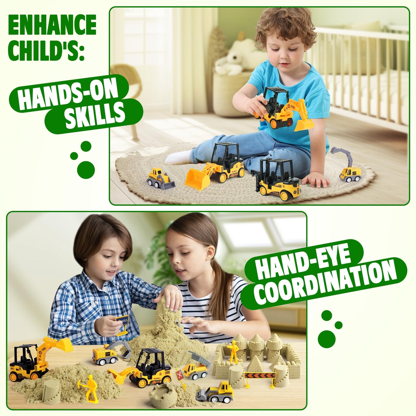 Billeeit Sand Construction Kit – Foldable Sandbox & 2.2lb Moldable Sand, 36-Pc Truck Play Set