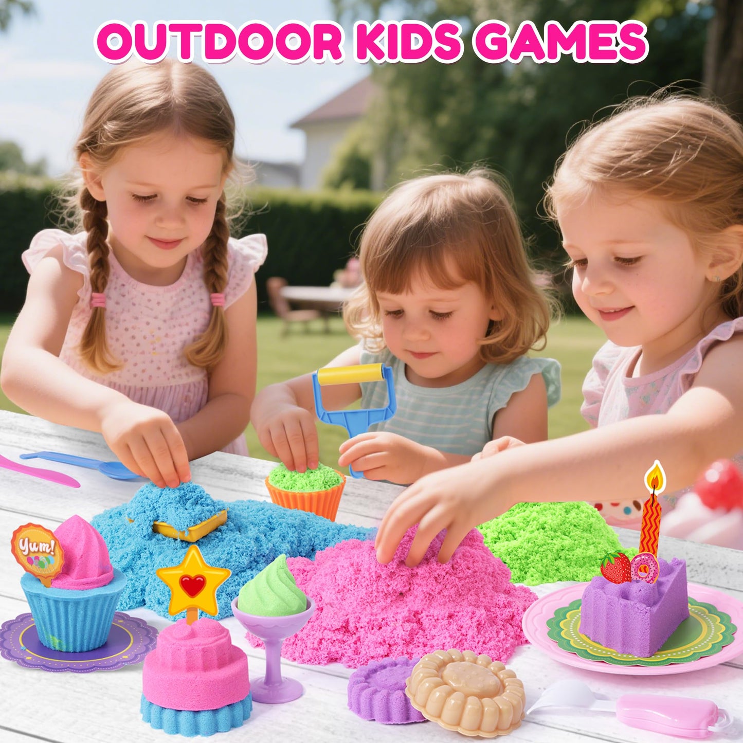 Billeeit Cake & Ice Cream Sensory Bin – 43pc Sand Toy Set, 2.2lb Moldable Sand, Lidded Sandbox