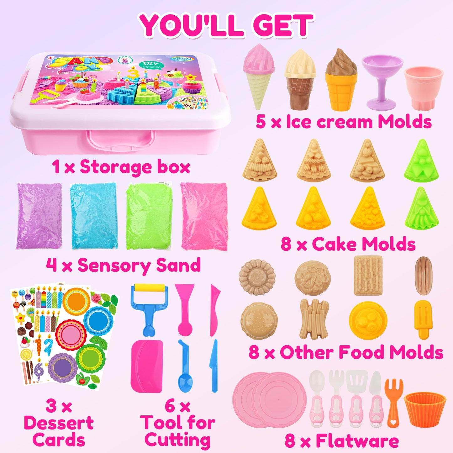 Billeeit Cake & Ice Cream Sensory Bin – 43pc Sand Toy Set, 2.2lb Moldable Sand, Lidded Sandbox
