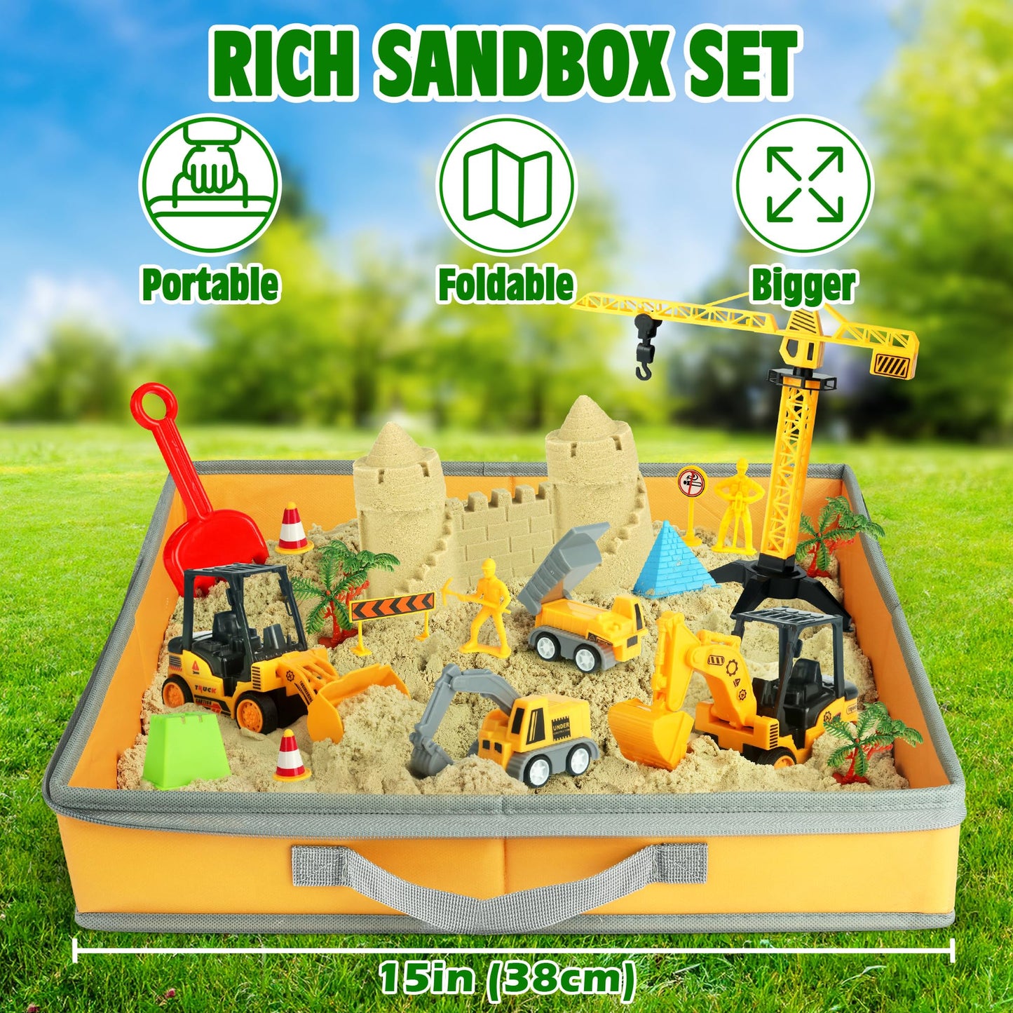 Billeeit Sand Construction Kit – Foldable Sandbox & 2.2lb Moldable Sand, 36-Pc Truck Play Set