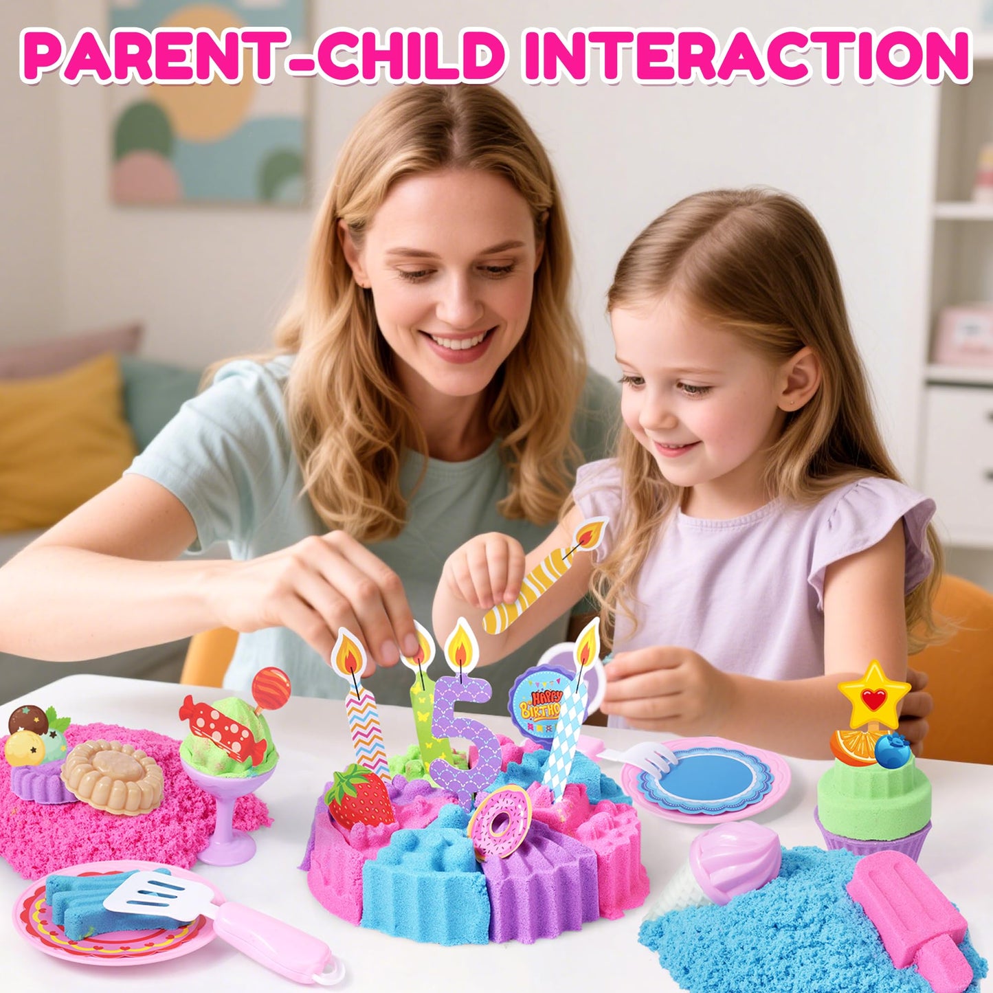 Billeeit Cake & Ice Cream Sensory Bin – 43pc Sand Toy Set, 2.2lb Moldable Sand, Lidded Sandbox