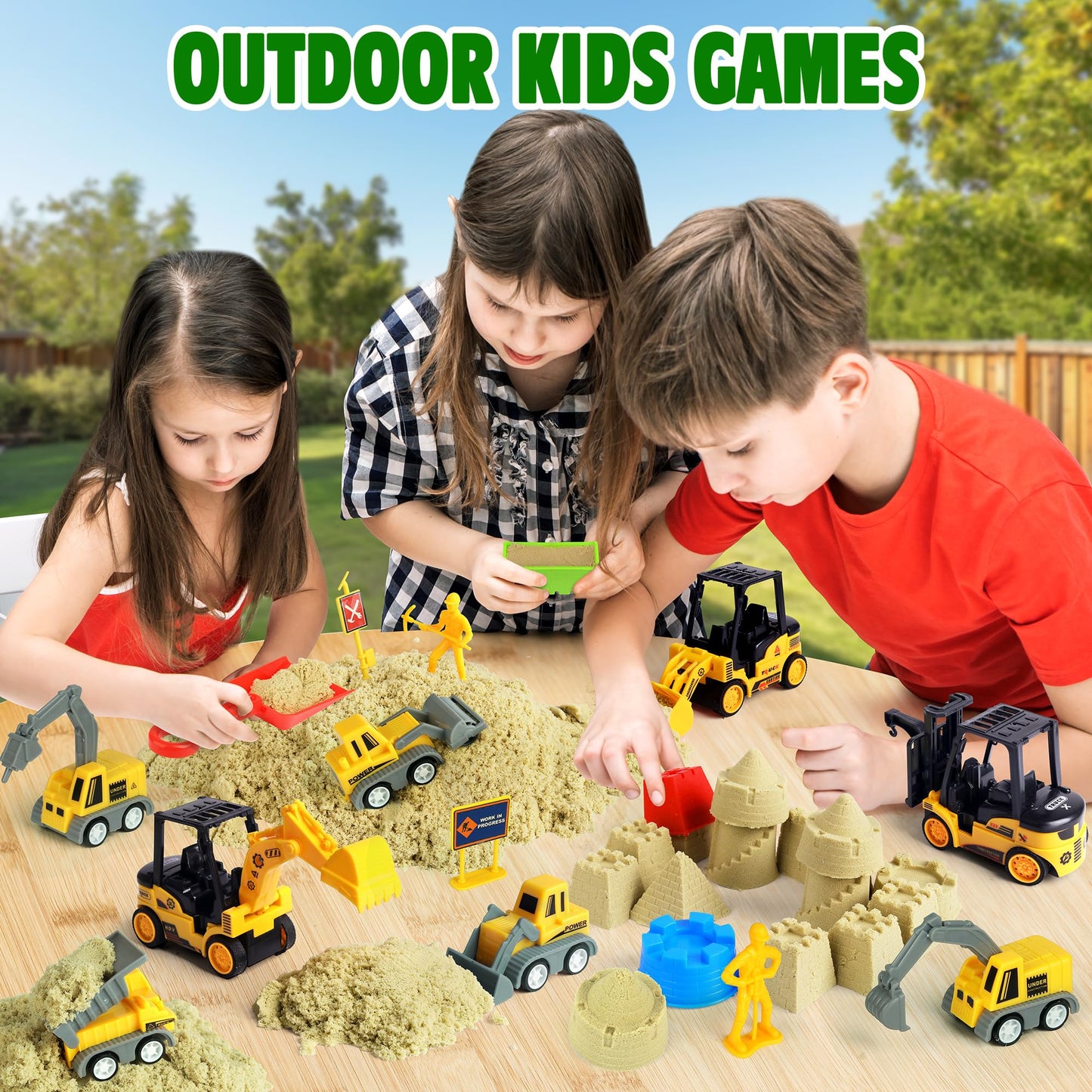 Billeeit Sand Construction Kit – Foldable Sandbox & 2.2lb Moldable Sand, 36-Pc Truck Play Set