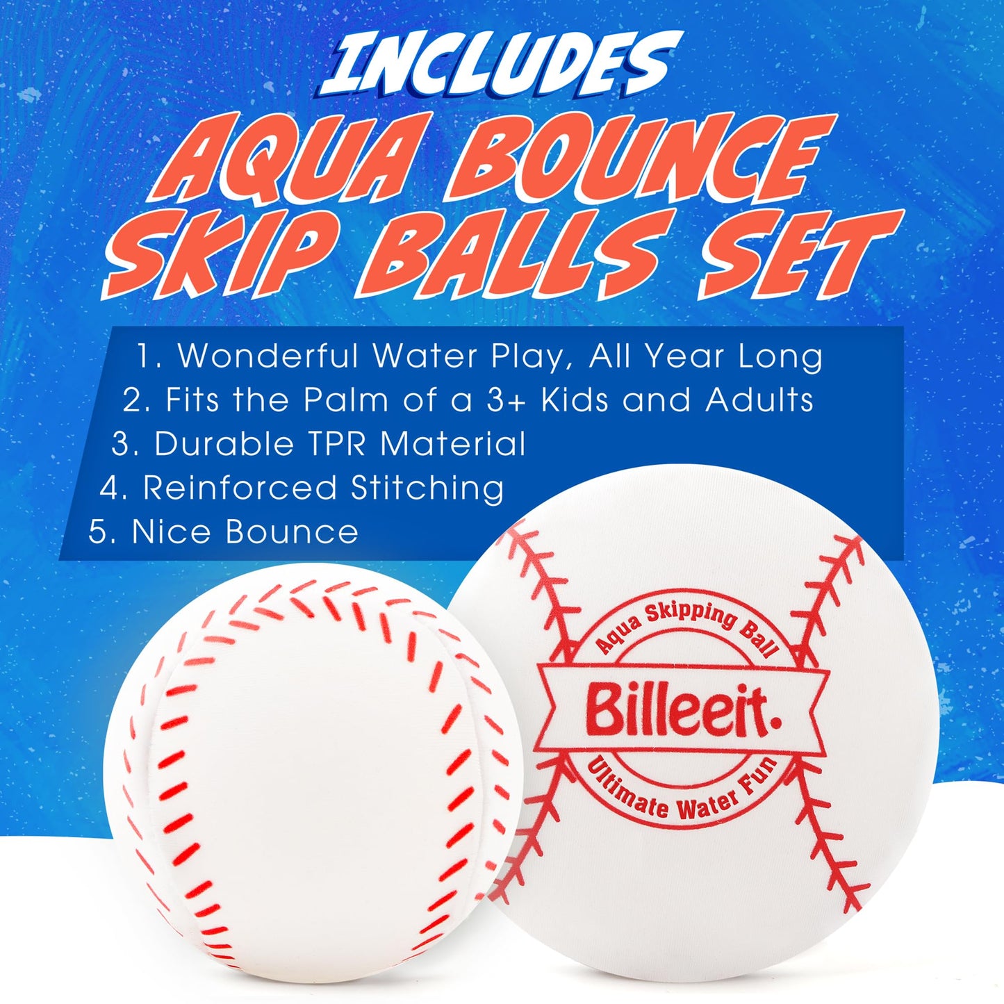 Billeeit Water Skipping Balls – 4 Pcs Baseball Theme Pool Toys for Kids and Adults
