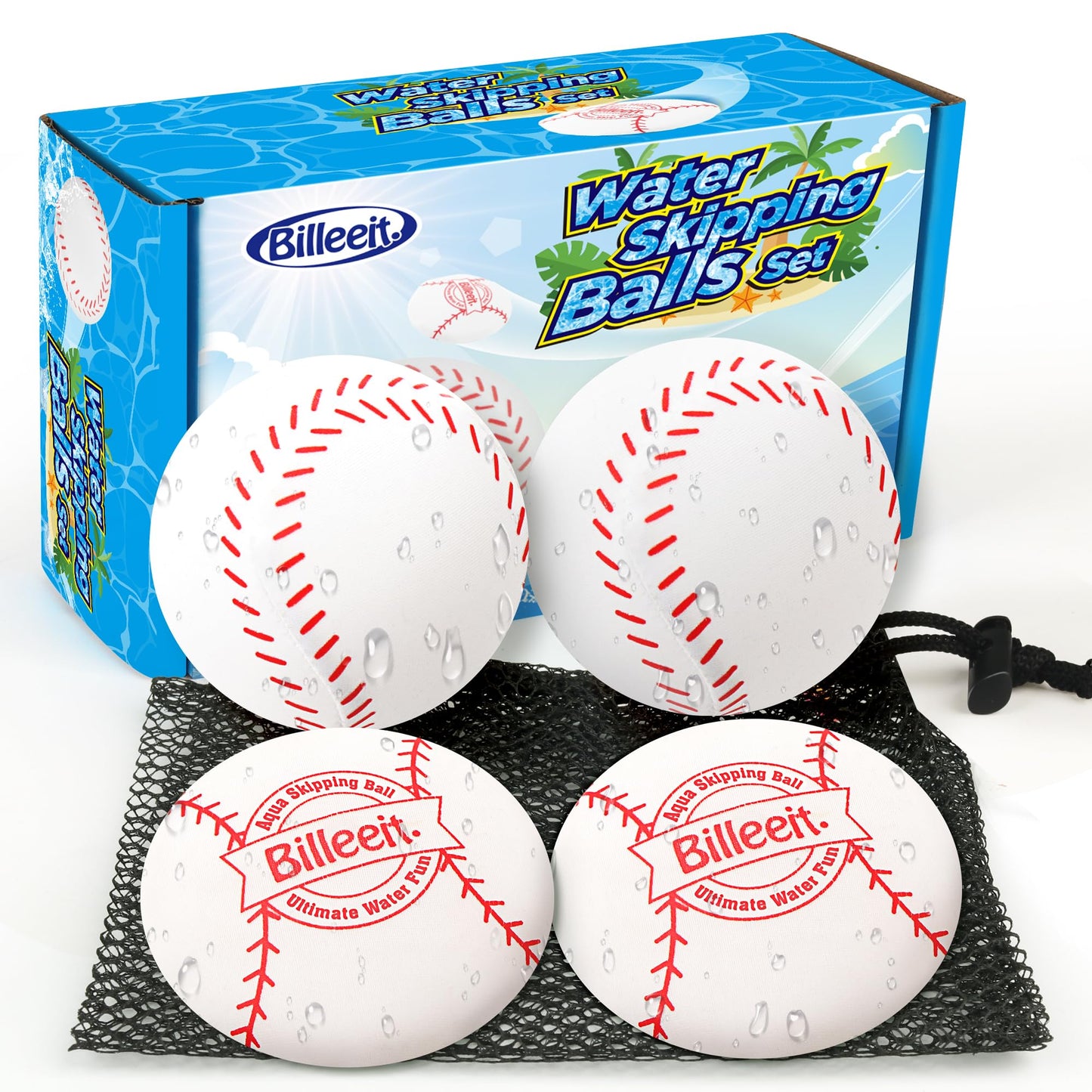 Billeeit Water Skipping Balls – 4 Pcs Baseball Theme Pool Toys for Kids and Adults