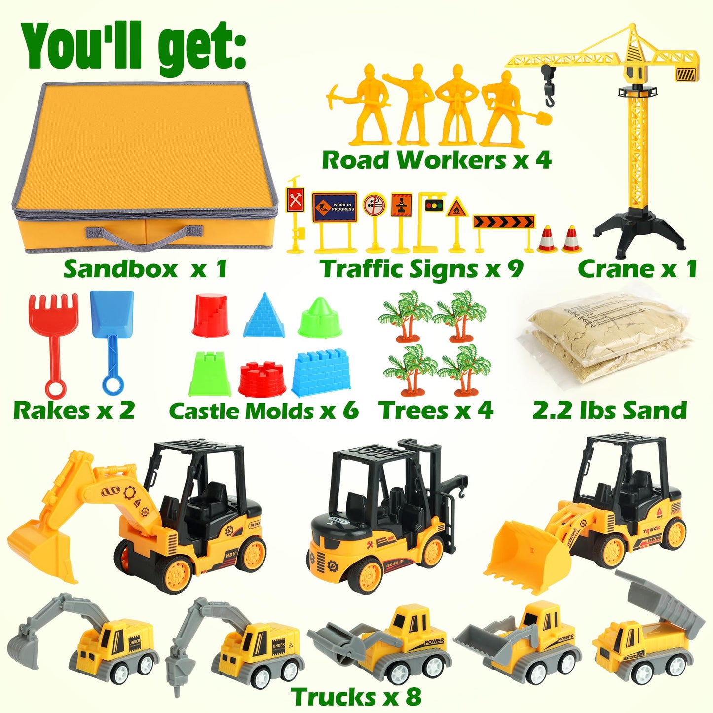 Billeeit Sand Construction Kit – Foldable Sandbox & 2.2lb Moldable Sand, 36-Pc Truck Play Set